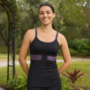 Athleta Women Built-in Bra Black with Purple Striped Athletic Tank Top S…